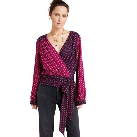 ANTHROPOLOGIE MAEVE BLOUSE WRAP LISA PUFFED SLEEVES SZ 2 FLORAL AESTHETIC V NECK - Picture 2 of 16